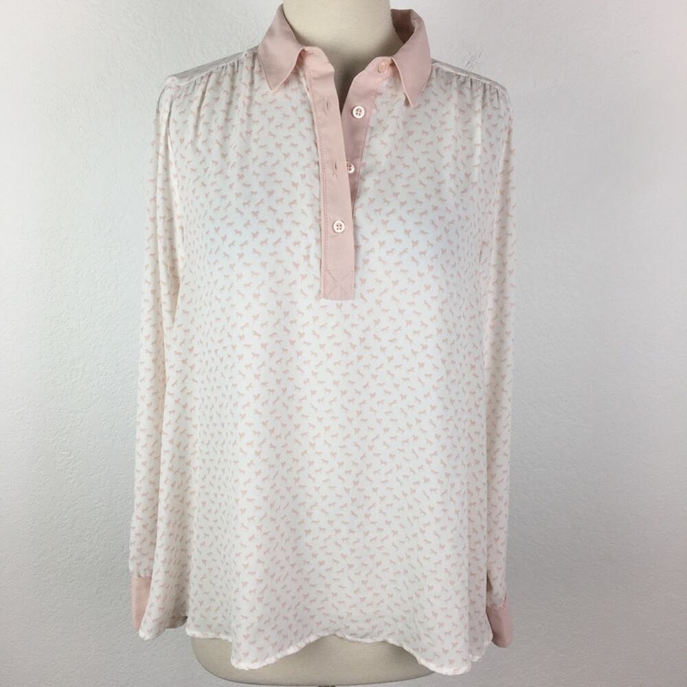 Free People Pink Pop Over Pink  Horse Print Long Sleeve Blouse  Top XS - Picture 2 of 8